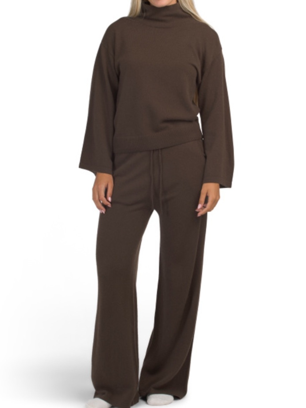 ASPEN 2pc Cashmere Firewood Mock Neck Sweater And Wide Leg Pants Lounge Set